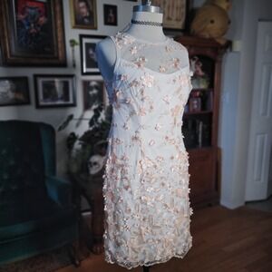 Adrianna Papell White Floral Embroidered Sheer Overlay Sleeveless Dress Size 6